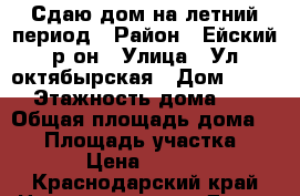 Сдаю дом на летний период › Район ­ Ейский р-он › Улица ­ Ул.октябырская › Дом ­ 112 › Этажность дома ­ 1 › Общая площадь дома ­ 46 › Площадь участка ­ 18 › Цена ­ 3 000 - Краснодарский край Недвижимость » Дома, коттеджи, дачи аренда   